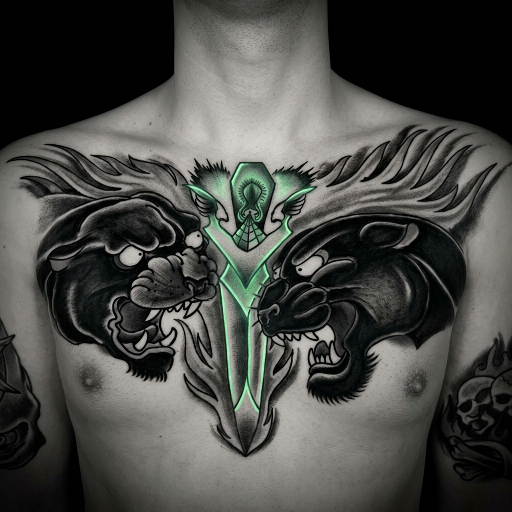 Panther Duo · Brust – Neo-Traditional Tattoo von New Jack Tattoo Duisburg, gestochen von Gregor Schwarzbach