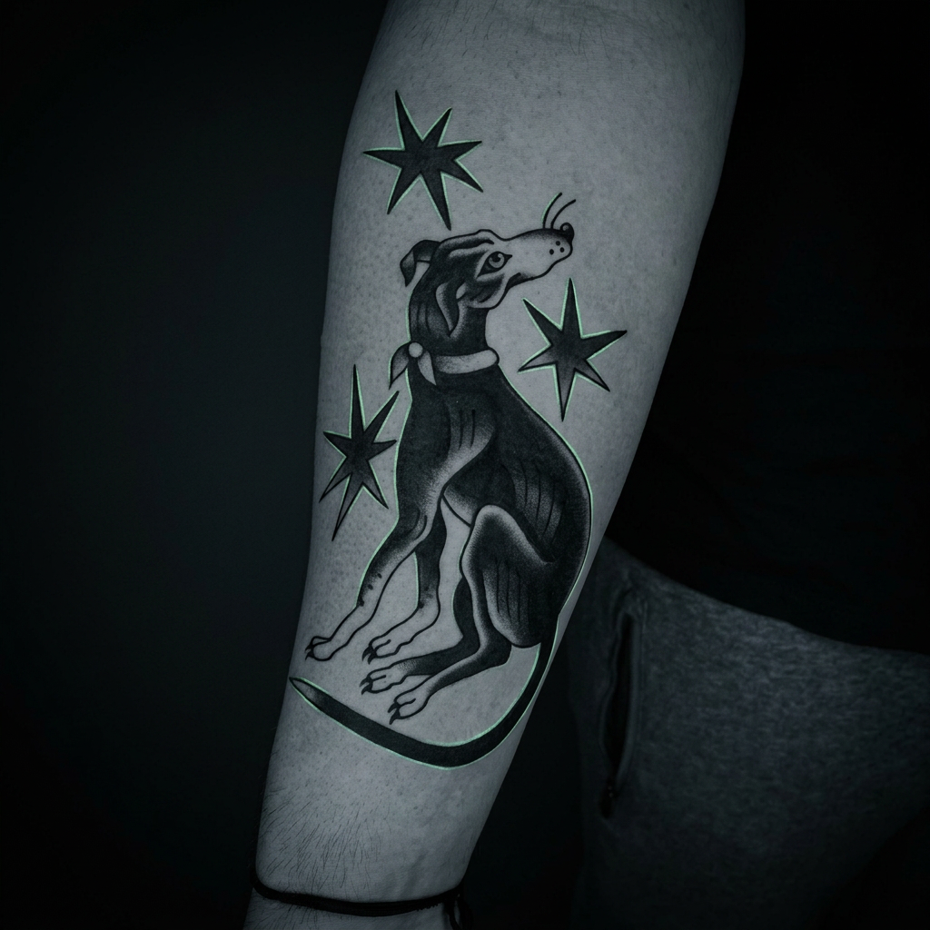Windhund & Sterne – Traditional Tattoo von New Jack Tattoo Duisburg, gestochen von Gregor Schwarzbach