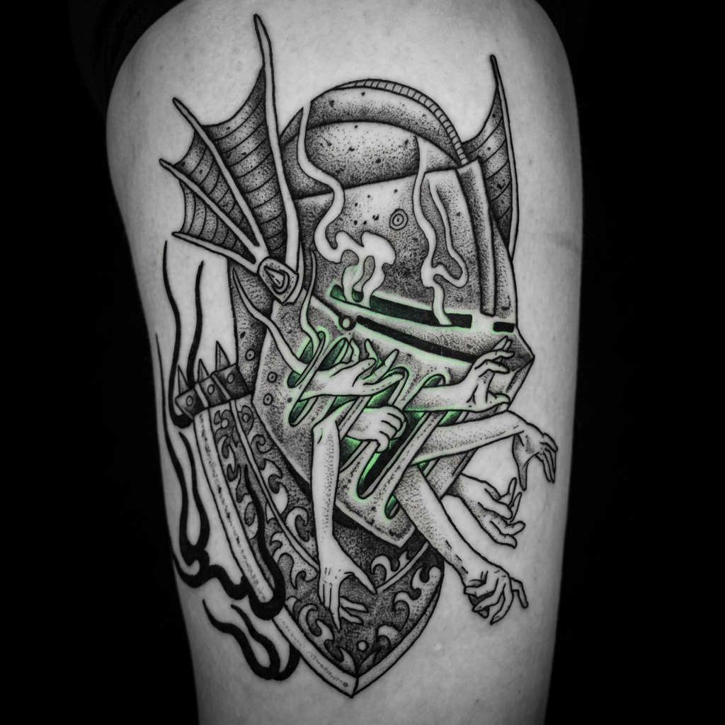 Dämon & Hände – Dotwork Tattoo von New Jack Tattoo Duisburg, gestochen von Gregor Schwarzbach