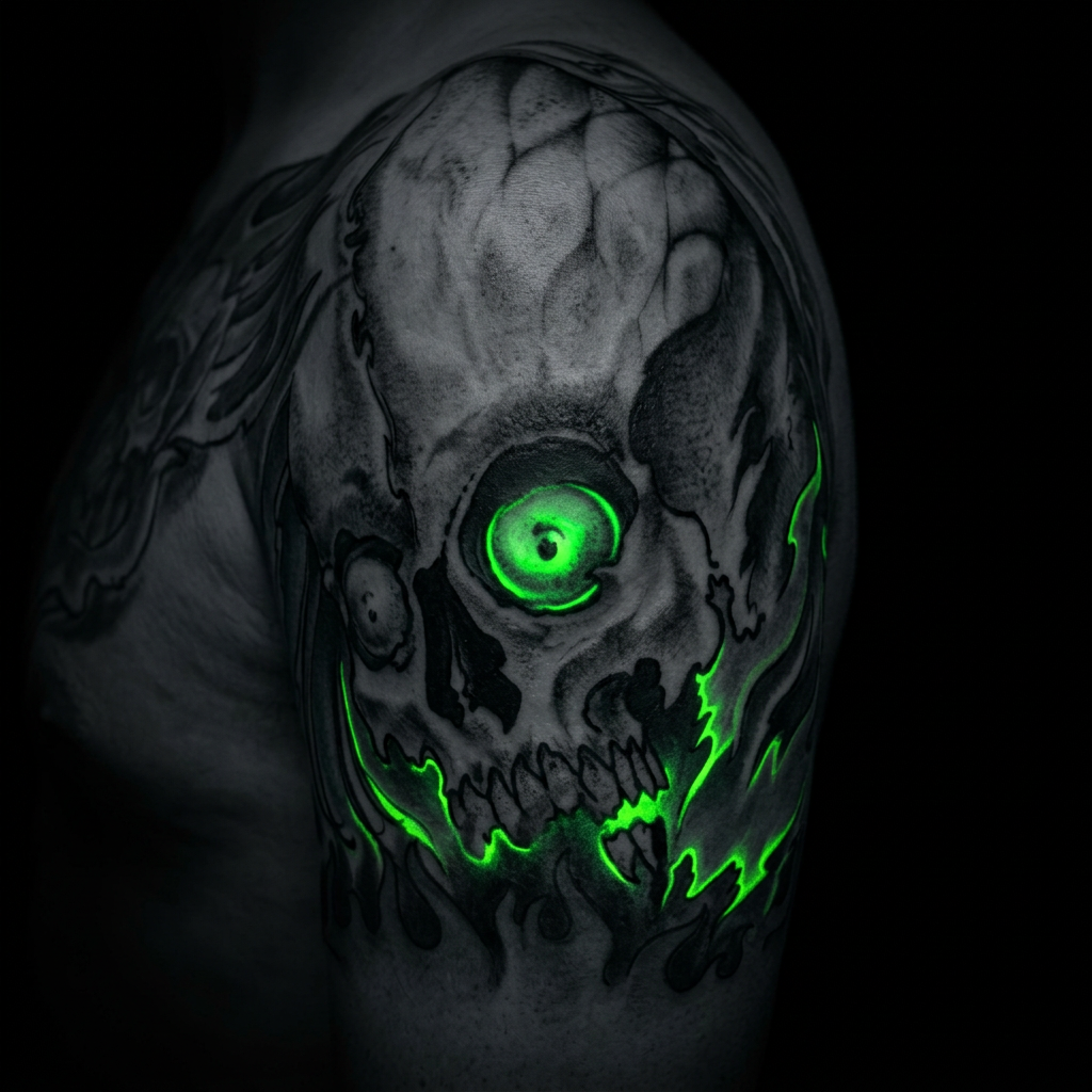 Skull & Flammen – New School Tattoo von New Jack Tattoo Duisburg, gestochen von Gregor Schwarzbach