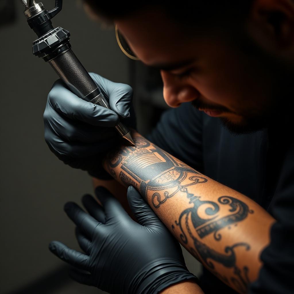 Tätowierer arbeitet konzentriert an einem Cover-Up auf einem Unterarm bei New Jack Tattoo Duisburg