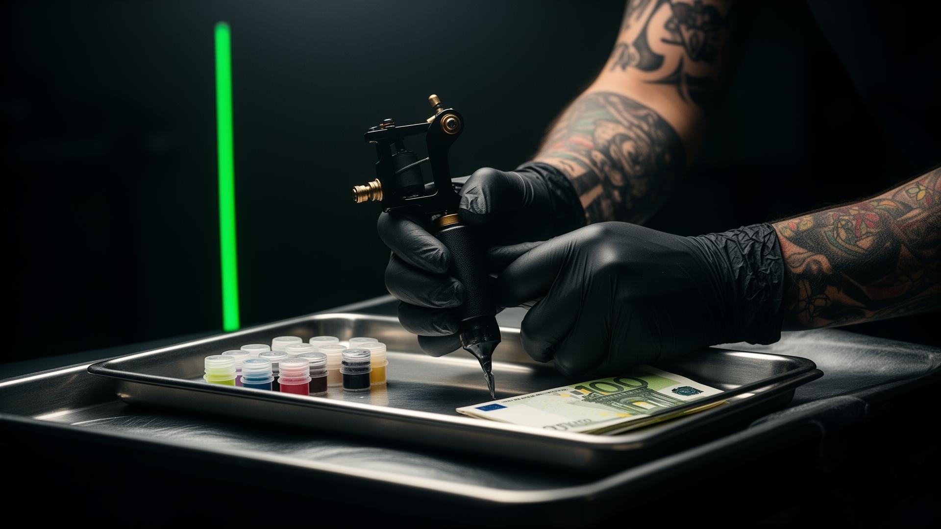 Tätowierer mit schwarzen Handschuhen und Tattoo-Maschine über Farbpalette und Euro-Geldscheinen